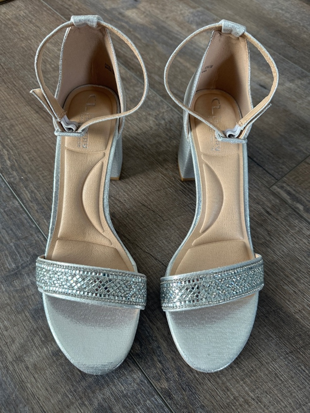 CL by Laundry Silver Glitter Block Heel Sandals with Rhinestone Strap